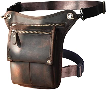 Le'aokuu Mens Genuine Leather Messenger Hiking Waist Hip Bum Pack Drop Leg Bag (Brown 2)