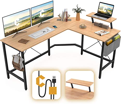 Cubiker Modern L-Shaped Computer Office Desk, Corner Gaming Desk with Monitor Stand, Home Study Writing Table Workstation for Small Spaces, Natural