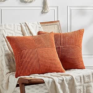 Fancy Homi Set of 2 Burnt Orange Decorative Throw Pillow Covers 18x18 Inch for Living Room Couch Bed, Boho Farmhouse Fall Home Decor, Soft Textured Corduroy Corss Patchwork Cushion Case 45x45 cm