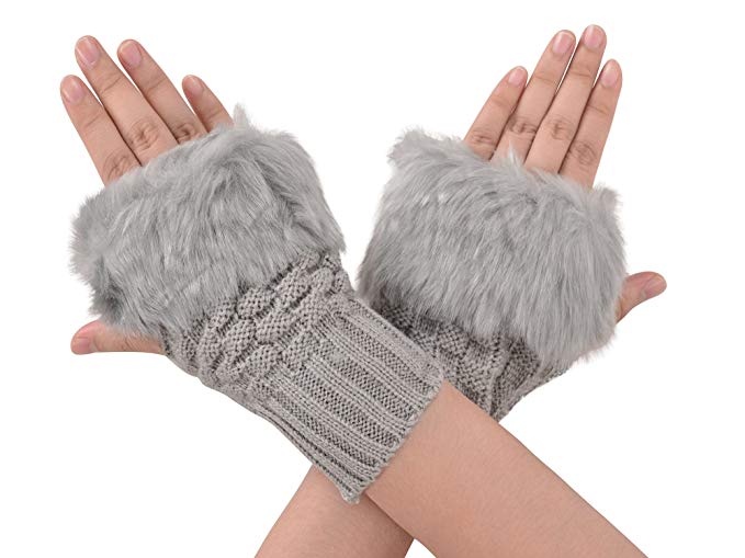 Verabella Women's Faux Fur Cable Knit Hand Warmers Fingerless Mittens Thumb Hole Gloves