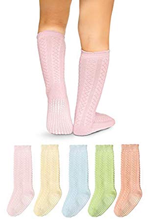 LA Active Girls Knee High Grip Socks – 5 Pairs - Baby Toddler Infant Kids Non Slip/Anti Skid Cotton Cable Knit Stockings