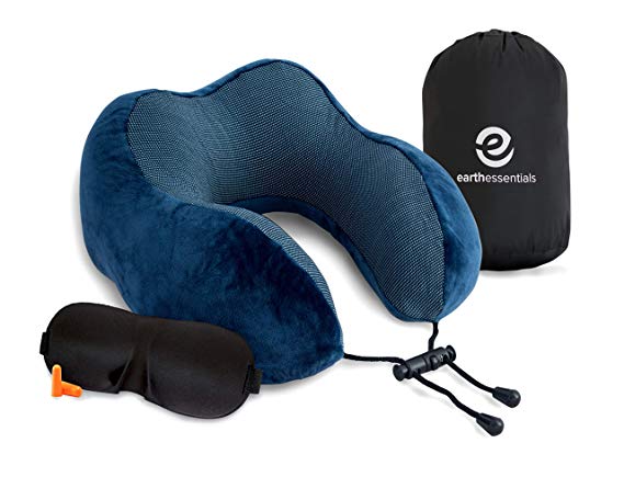 Travel Pillow Premium Memory Foam | Neck Comfort and Support | Fitted Eye Mask and Noise Blocking Ear Plugs Accessories Bundle by Earth Essentials