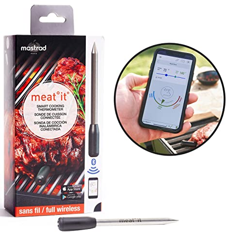 Mastrad MeatIT Thermometer | Meat it Wireless Grill and BBQ Sensor | Connects Via Bluetooth to Free Cooking App, 2.1, Black