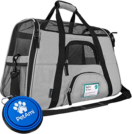 Premium Soft-Sided Pet Travel Carrier by PetAmi | Airline Approved, Ventilated Design, Safety | Ideal for Small to Medium Sized Pet (Light Gray)