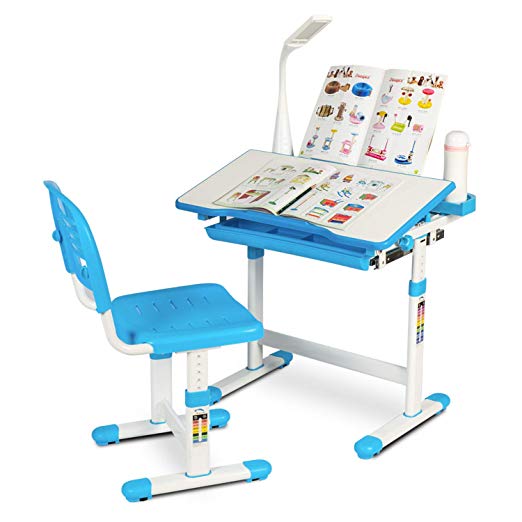 Urest Height Adjustable Kids Desk and Chair Set, Children's Study Table, Kids Interactive Workstation, W/LED Lamp, Drawer Storage, Tilting Surface, Bookstand, for Ages 3 to 12, Blue