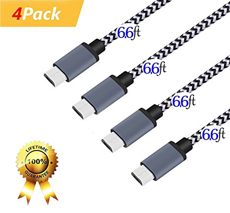 Micro USB Cable [6.6ft 4Packs]by GFKing,High Speed 2.0 USB A Male to Micro USB Sync&Charging Nylon Braided Cable,for Android/Samsung/Windows/MP3/Camera and other Device[blackwhite]