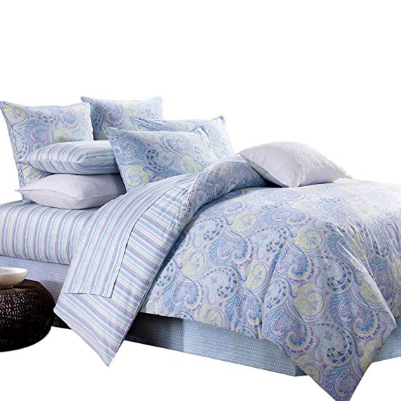 Duvet Cover Set 3Pcs Paisley Bedding Design 800 Thread Count 100% Cotton,Queen Size,Blue
