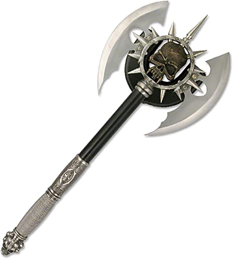 BladesUSA – Fantasy Axe – Full Size Fantasy Medieval Battle Axe, Dual Blades and 11 Steel Spikes Around Center Skull. Wire Wrapped Handle, Display Plaque - SW-701 – Collectible, Display, Replicas