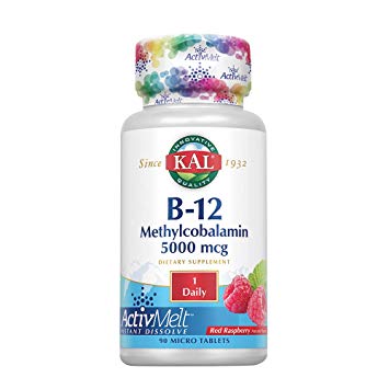 KAL B-12 Methylcobalamin 5000 mcg ActivMelt | Natural Red Raspberry Flavor | Healthy Metabolism, Energy, Nerve & Red Blood Cell Support | 90 Micro Tablets