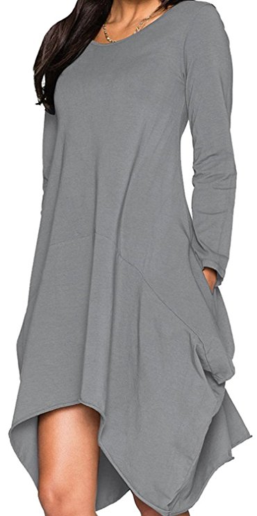 Wearlove Women Asymmetrical Loose Long Sleeve Pockets Tunic Shirt Dress