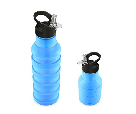 Collapsible Water Bottle for Sports, Travel, Camping, Hiking, Compact Portable Silicone, 20 oz, Blue