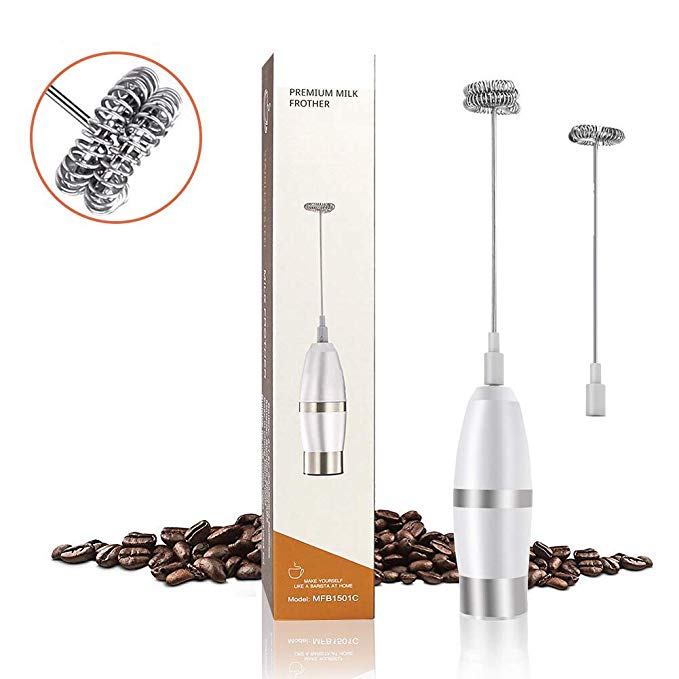 Handheld Electric Milk Frother, XBrands Mini Milk Frother, Portable Milk Mixer, Powerful Electric Foam Maker with Double Stainless Steel Spring Whisk Head,For Coffee/Lattes/ Cappuccino, light cleaning, battery-powered with 19,000 rpm