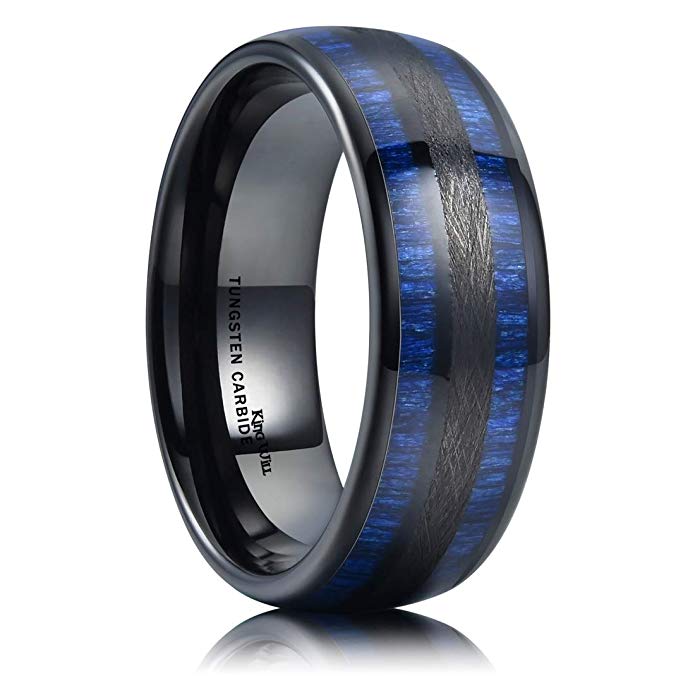 King Will Nature 8mm Mens Domed Blue Maple Inlay Black Tungsten Carbide Ring Brushed Wedding Band