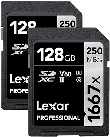 Lexar Professional 1667x 128GB (2-Pack) SDXC UHS-II Memory Cards, C10, U3, V60, Full-HD & 4K Video, Up to 250MB/s Read, for Professional Photographer, Videographer, Enthusiast (LSD128CBNA16672)