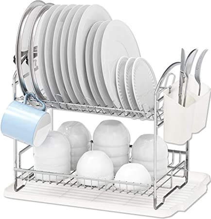 Simple Houseware 2-Tier Dish Rack with Drainboard, Chrome