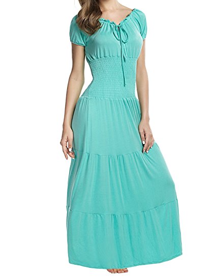 Beyove Women Boho Smocked Waist Cap Sleeve Tiered Renaissance Party Maxi Dress