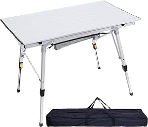 ERYTLLY Folding Camping Table, Outdoor Portable Picnic Table with Adjustable Legs, Lightweight Aluminum Beach Table with Roll Up Table Top and Mesh Layer, for Backyards, BBQ and Party