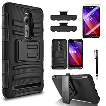 Asus Zenfone 2 Case, Combo Rugged Shell Cover Holster with Built-in Kickstand and Holster Locking Belt Clip Black   Circle(TM) Stylus Touch Screen Pen And Screen Protector