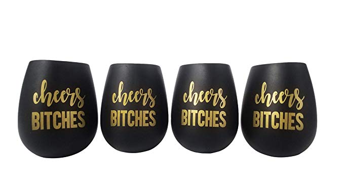 Cheers Bitches Silicone Wine Glasses - Funny Wine Glasses with Sayings- Black Gold Set of 4- Unbreakable Stemless Outdoor Rubber Cups- Foldable Shatterproof Girls Trip Travel Pool Birthday Gift Party