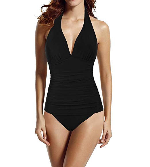 Hilor Women's Halter One Piece Swimsuits Shirred Tummy Control Swimwear Skirted Bathing Suits Monokinis