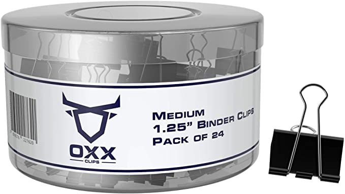 Oxx Brands Medium Binder Clips 1 1/4 Inch- Paper Clamps for Office Supplies - Multipurpose Super Strong Capacity - Ideal for Teachers, Notes, Sewing, Paperwork, Arts - Black (24 Pack)