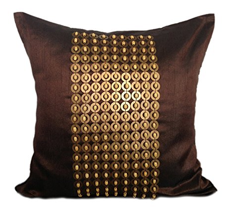 Dark Brown Gold Decorative Pillow Cover With Gold Sequins and Wood Bead Embroidery In Panel Pattern (20x20 inch, Dark Brown)