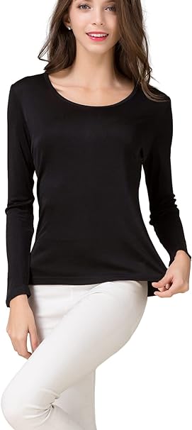 METWAY Women's Mulberry Silk T-Shirt Long Sleeve Pure Silk tee Shirt/Crew Neck Silk Blouse Undershirt