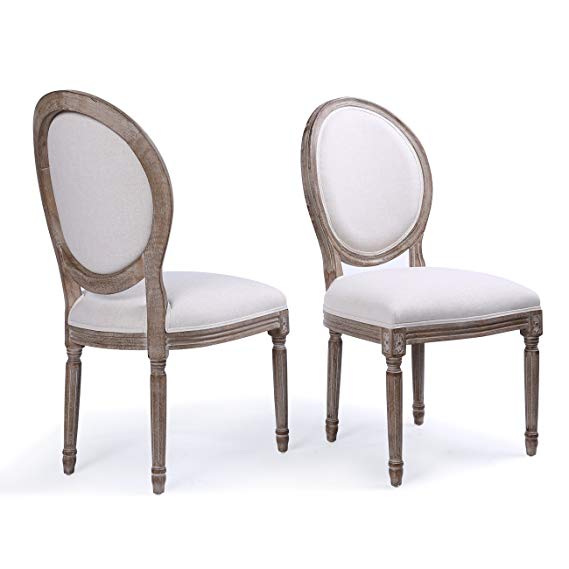 Belleze Set of (2) Classic Elegant Traditional Upholstered Linen Round Back Dining Chairs w/Solid Wood Legs, Beige