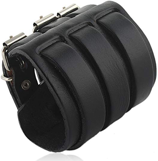 EVER FAITH Cool Hand Accessory 3 Layer Wide Belt Genuine Leather Men Wristband Bracelet Unisex Couple