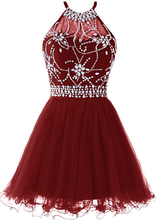 Musever Women's Halter Short Homecoming Dress Beading Tulle Prom Dress Red US 2