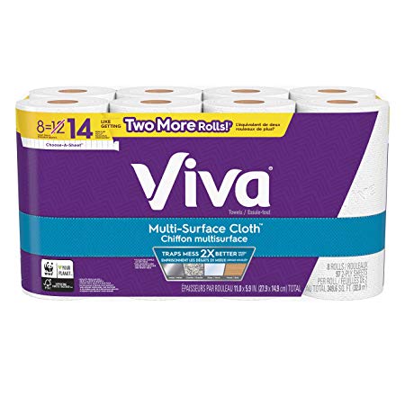 Viva Paper Towels, 2-ply, 97 sheets per roll, 8 Giant Rolls, Multi-Surface Cloth, Strong & Absorbent to trap mess in any room