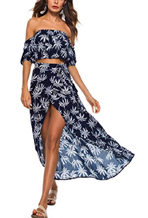 Moxeay Womens Floral Print 2 Piece Crop Top Split Maxi Skirt Set
