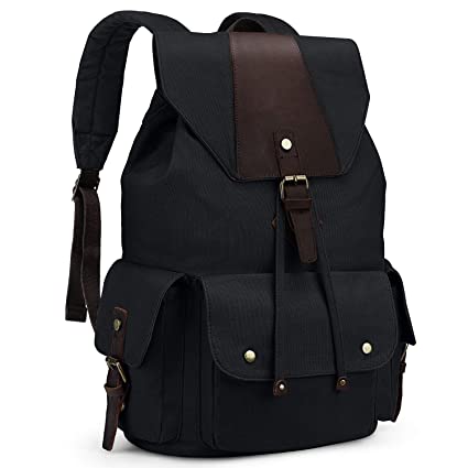 Kattee Canvas Backpack for Men Women Casual Leather Travel Backpack Hiking Backpack School Rucksack