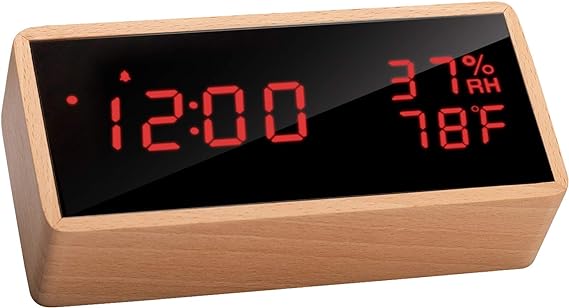 Wood Digital Alarm Clock for Bedrooms, Real Wood, Adjustable Brightness, 3 Sets of Alarms