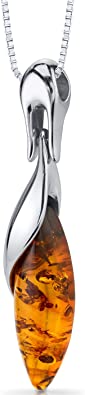 Peora Genuine Baltic Amber Designer Drop Pendant Necklace and Earrings in Sterling Silver, Rich Cognac Color