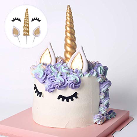 Opret Unicorn Cake Topper, Handmade Gold Unicorn Cake Decoration Set with Horn, Ears and Eyelashes for Birthday Party, Baby Shower and Wedding