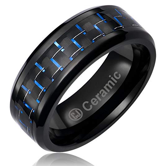 Cavalier Jewelers 8MM Jewelry Grade Black Ceramic Ring Wedding Band Black Blue Carbon Fiber Inlay