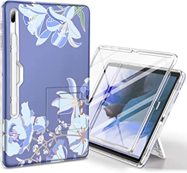 Suritch Samsung Galaxy Tab S7 FE Case for Tablet S7  Plus, S8  Plus, Built-in Screen Protector & S Pen Holder Full Body Shockproof Protective Cover with Foldable Kickstand, Blue Lilly