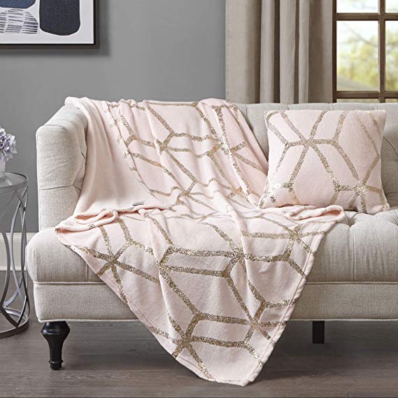 Comfort Spaces Super Soft Microplush Throw Blanket - Lightweight Bed or Couch Throw 50" x 60" with Matching Pillow Cover, Blush Pink and Shiny Metallic Gold