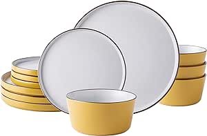 AmorArc Dinnerware Sets of 4, Modern Stoneware Plates and Bowls Sets,Chip and Crack Resistant | Dishwasher & Microwave Safe Ceramic Dishes Set,Service for 4 (12pc)-Speckled & Matte Yellow