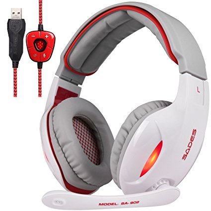 White Version of SA902 7.1 channel Gaming Headset SADES SA902 PC Computer USB headsets, Wired Over Ear Stereo Headphones With Microphone Noise Isolating Volume Control LED Light (White Red)