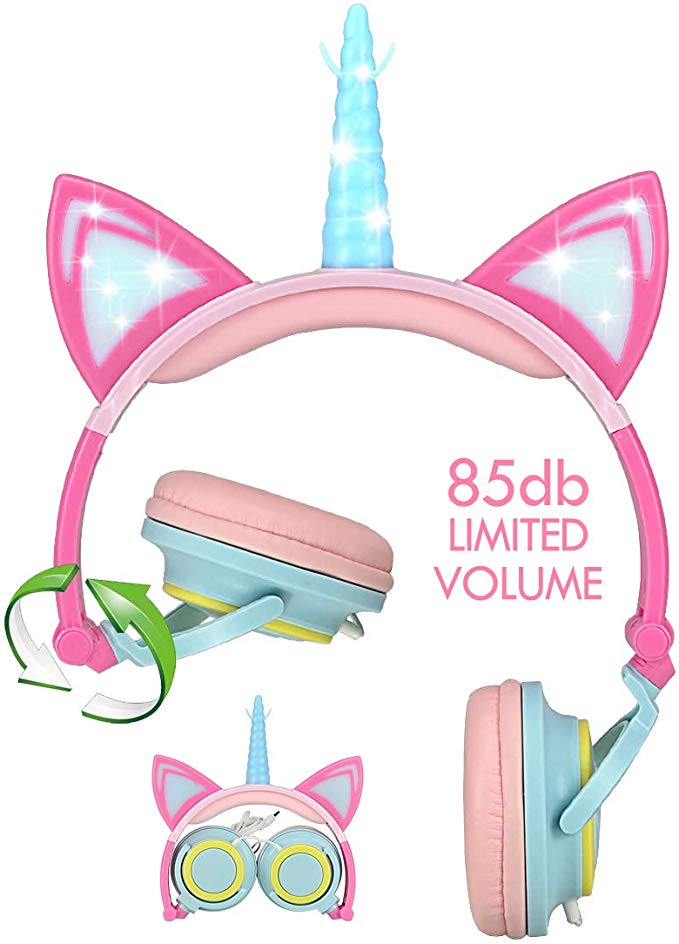 Nice2Mitu Cat Ear Kids Headphones for Boys Girls Tablet School Supplies, Led Glowing Headphones for Kids, Foldable Over On Ear Girl Headphones Toddlers Travel Birthday Gifts (Pink)
