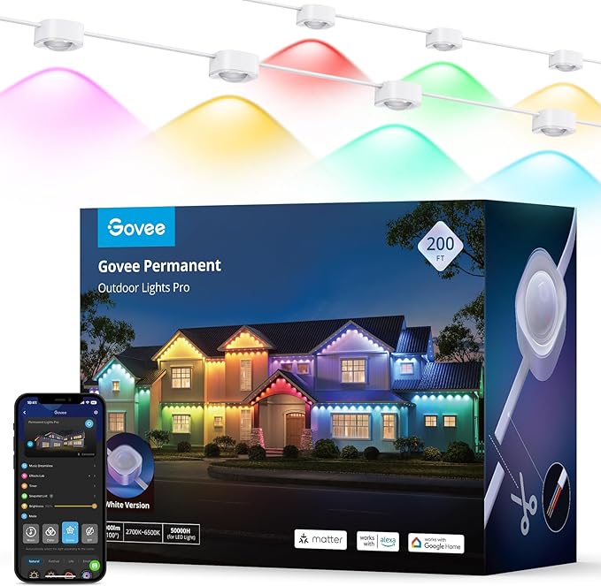 Govee Permanent Outdoor Lights Pro, 200ft with 120 RGBIC Warm Cold White LED Lights, 75 Scene Modes for Halloween, Christmas, IP67 Waterproof, Work with Alexa, Google Assistant, Matter, White Version