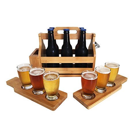 Wooden 6-Pack Beer Carrier / Holder / Tote, Comes With Two Beer Flights, Holder, Mounted Bottle Opener