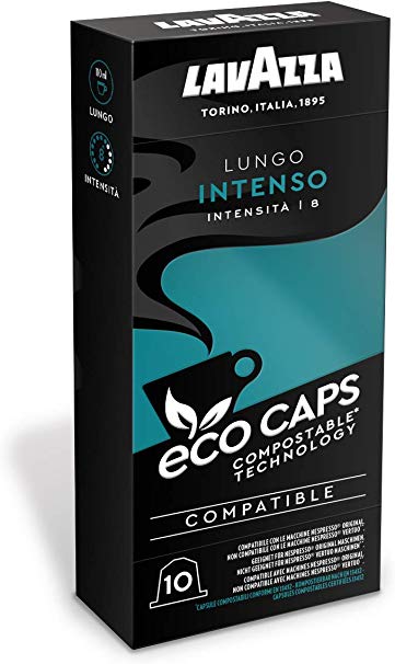 Lavazza 100 Eco Caps Coffee Pods Compatible with Nespresso Original* Machines, Lungo Intenso, Compostable - 10 Pack of 10 (530 g), 1.09 kg