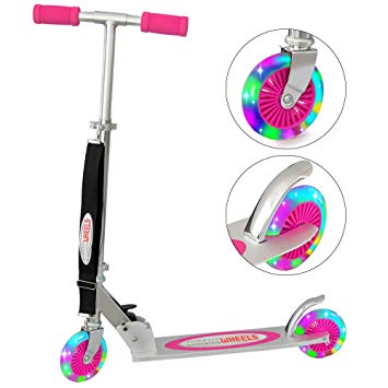 ChromeWheels Scooter for Kids, Deluxe 2 Wheel Kick Scooters 4 Adjustable Height with LED Light Up Wheels, for Age 5 up Girls Boys, 132lb Weight Limit