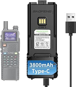 Baofeng 5RM 3800mAh Extended Battery with Type-C USB Charging Cable for Ham Radio Compatible with BaoFeng 5RM GM-5RH UV-5G Plus UV-5RH Series Two-Way Radio Walkie Talkies Accessories