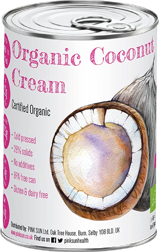 PINK SUN Organic Coconut Cream 400ml (or 2, 3, 12 in Tin) Cocktails Cooking Smoothies 22% Fat Milk Alternative BPA Free Can No Additives or Preservatives Gluten Free Vegetarian Vegan
