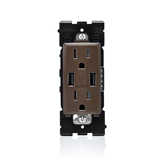 Leviton RUAA1-WB Renu USB Charger/Tamper-Resistant Duplex Outlet, 15A-125VAC, Walnut Bark, 15-Amp