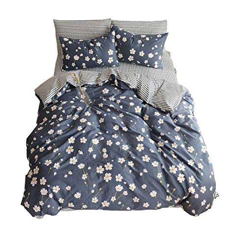 BuLuTu Vintage Floral 3 Pieces Girls Duvet Cover Set Twin Cotton-Super Soft Hotel Stripe Kids Bedding Collections Navy Blue,Comfortable Luxurious Chic Comforter Cover Twin Egyptian Cotton,NO COMFORTER